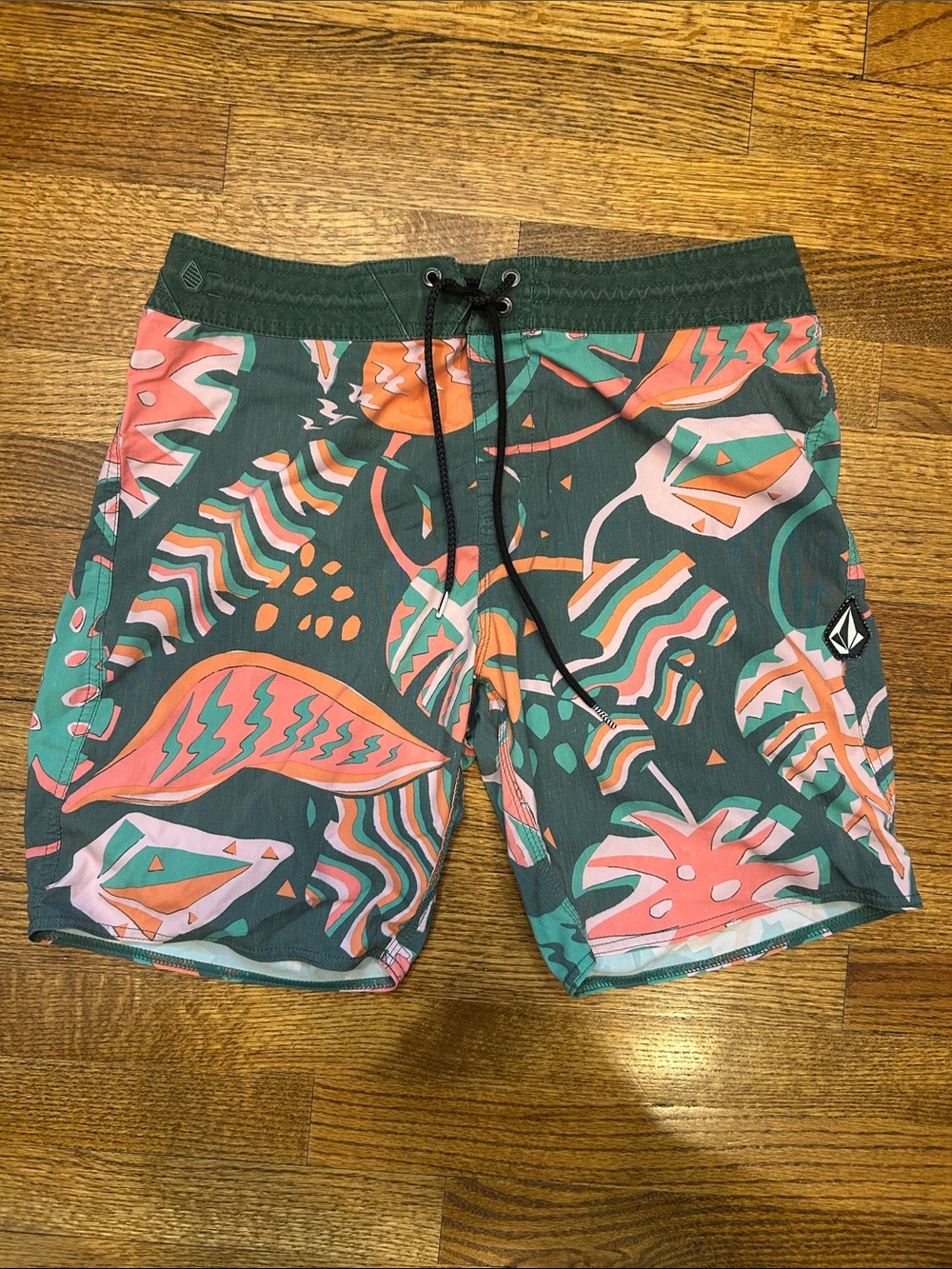 Volcom Dark Green Swim Shorts with Coral & Mint Tropical Print - Size 32